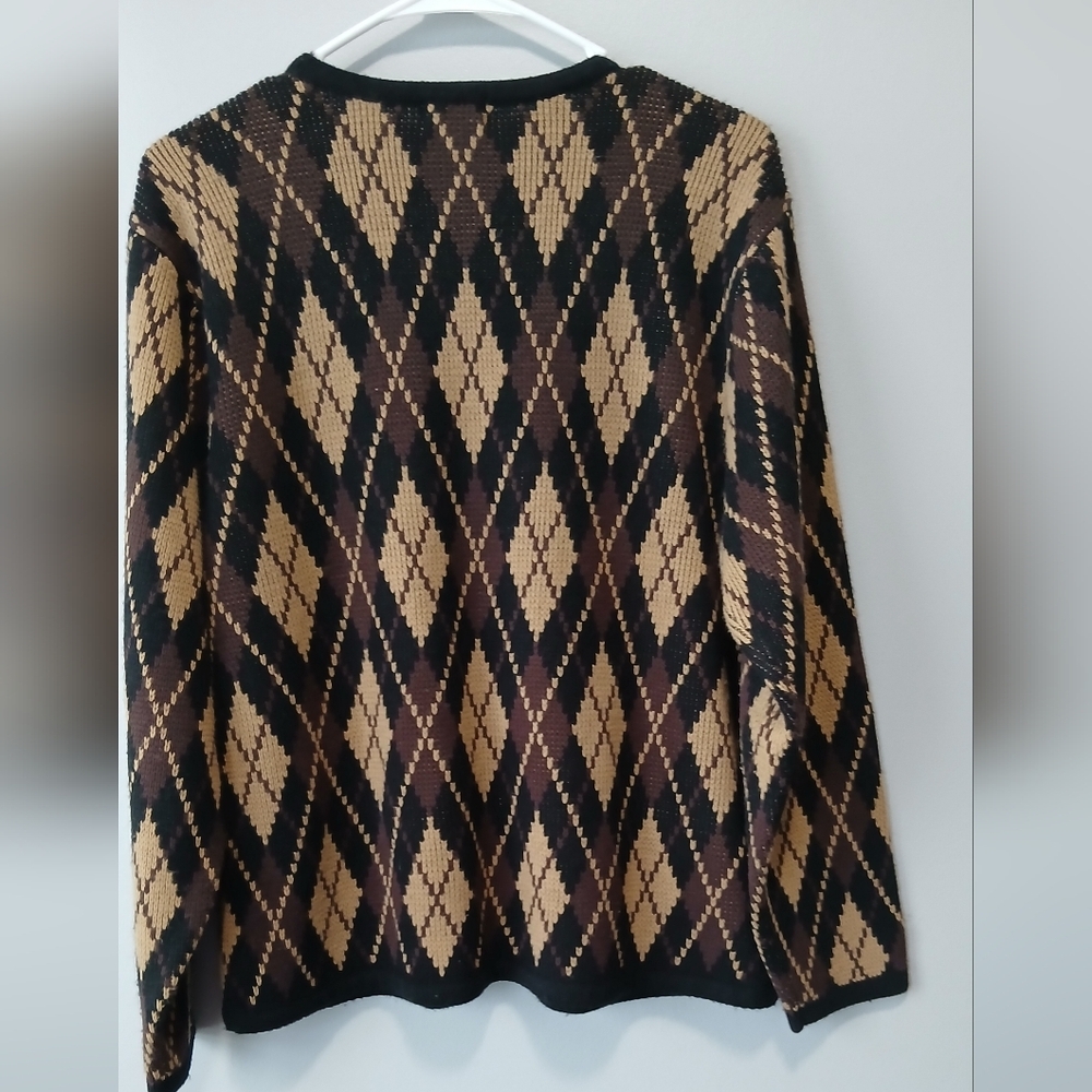 Liz Baker Button Down Cardigan Pockets Argyle Women Large Office Wear Grannycore - Picture 5 of 5